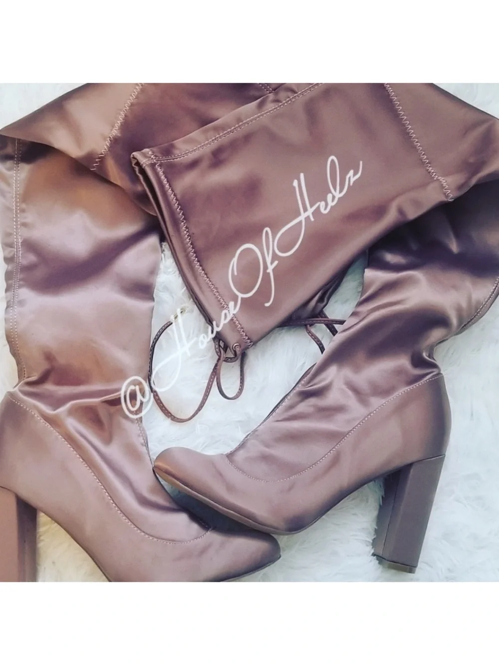 Thigh-High Heeled Boot in Mauve Satin
